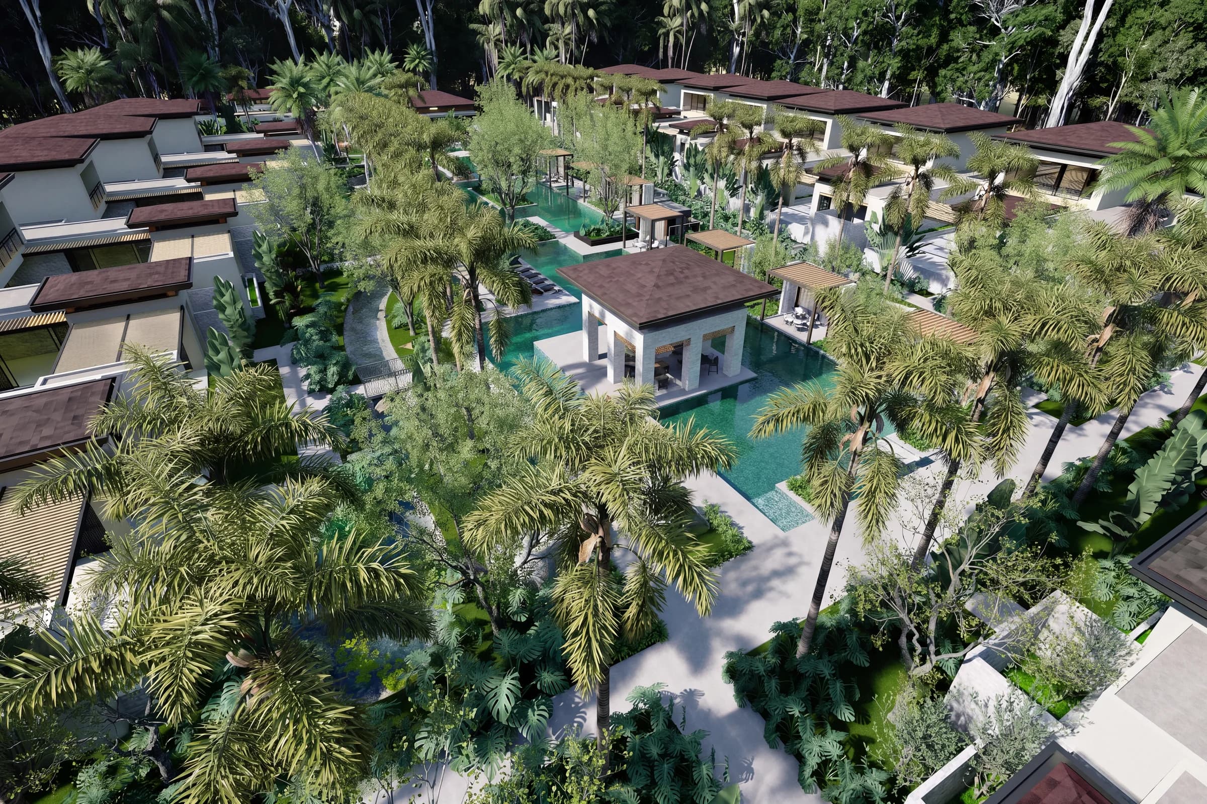 Aerial view across The Oasis pools toward the tropical island